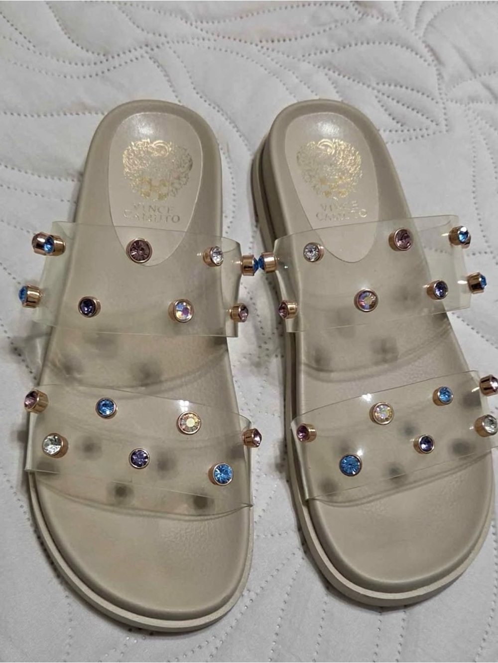 Vince Camuto Clear Slide Sandals with Multicolor Gem Accents